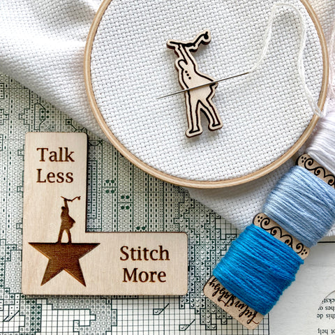 Pattern Marker & Needle Minder Bundle: "Talk Less Stitch More" Hamilton Parody Engraved Wooden Cross Stitch Place Keeper