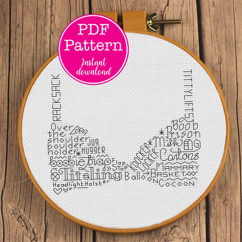 Funny Bra Word Art Cross Stitch Pattern