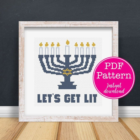 Let's Get Lit - Menorah Hanukkah Snarky Cross Stitch Sampler