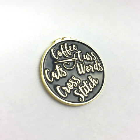 Coffee, Cats, Cross Stitch and Cuss Words Enamel Pin | Brooch for Coffee Lovers, Cat Lovers, & Sweary Stitchers | Soft Enamel Badge