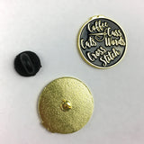 Coffee, Cats, Cross Stitch and Cuss Words Enamel Pin | Brooch for Coffee Lovers, Cat Lovers, & Sweary Stitchers | Soft Enamel Badge