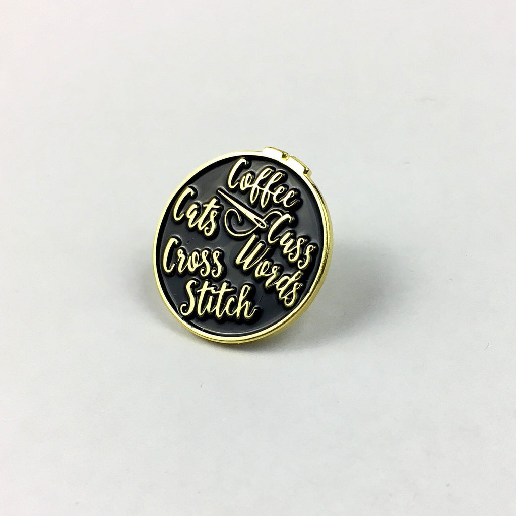Coffee, Cats, Cross Stitch and Cuss Words Enamel Pin | Brooch for Coffee Lovers, Cat Lovers, & Sweary Stitchers | Soft Enamel Badge