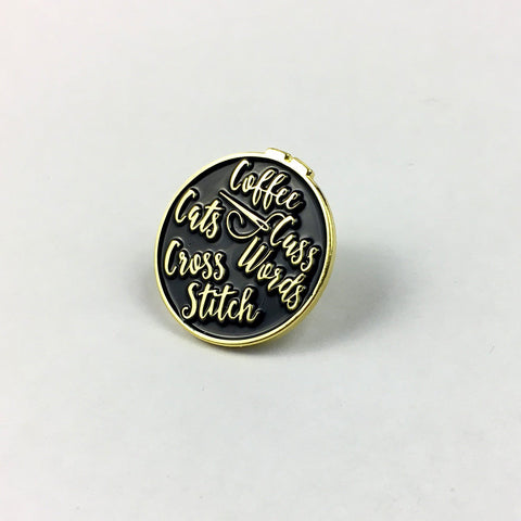 Coffee, Cats, Cross Stitch and Cuss Words Enamel Pin | Brooch for Coffee Lovers, Cat Lovers, & Sweary Stitchers | Soft Enamel Badge