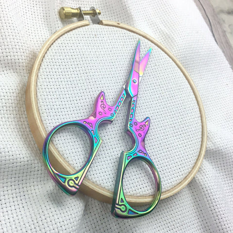 Iridescent Guitar Embroidery Scissors- Extra sharp fine tip | Small Silver or Rainbow Cross Stitch Needlepoint Snips | Guitar Lovers Scissor