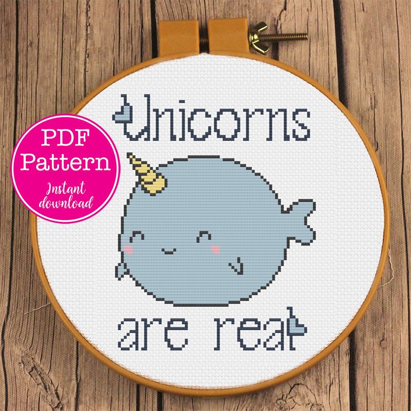Unicorns are real Cute Narwhal Cross Stitch Pattern | Narwhale- Unicorn of the Sea Cross Stitch Design | Fat Adorable Whale XStitch