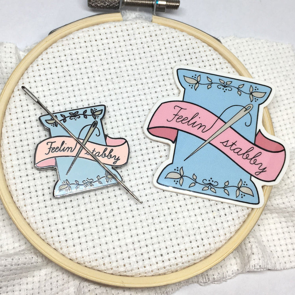 Decal & Needle Minder Set | Feeling Stabby Needle Minder and Laptop Sticker Bundle | Enamel Needleminder and Decal Set