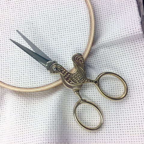 Chicken Embroidery Scissors | Gold Poultry Cross Stitch Sewing Scissors | Cock a Doodle Doo Rooster Brass Fine Point Scissors | Viper Snips