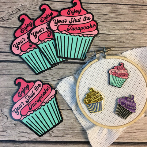 BUNDLE: Shut the Fucupcake Decal & Needle Minder | STFU Needleminder - Flask Sticker Set | Snarky CupcakeEnamel Needle Magnet - Die Cut Set