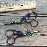 Irridescent Stork Embroidery Scissors | Small Fine Tip Egret Heron Bird Sewing Scissors | Rainbow Metal Colorful Cross Stitch Thread Snips