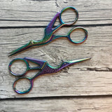 Irridescent Stork Embroidery Scissors | Small Fine Tip Egret Heron Bird Sewing Scissors | Rainbow Metal Colorful Cross Stitch Thread Snips