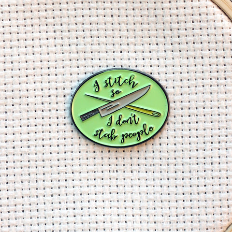 I Stitch So I Don't Stab People Needle Minder with Knife and Sewing Needle| Funny Enamel Needleminder for Cross Stitch Embroidery Quilting