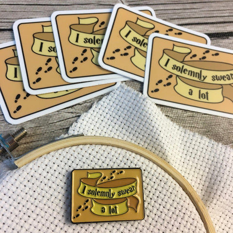 BUNDLE: I Solemnly Swear a Lot Decal & Needle Minder | Snarky Wizarding Needleminder Flask Sticker Set | Enamel Needle Magnet - Die Cut Set