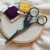 Irridescent Stork Embroidery Scissors | Small Fine Tip Egret Heron Bird Sewing Scissors | Rainbow Metal Colorful Cross Stitch Thread Snips