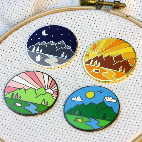 Four Seasons Magnetic Enamel Needle Minder (Set of 4)  Fall, Spring, Summer, Winter | Outdoor Mountains Travel Sunrise Sunset Needleminder