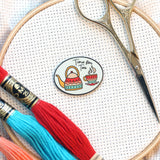 Handmade Hygge Magnetic Enamel Needle Minder-Set of 4: Tea Cat Mittens Scarf Bicycle | Knit Crochet Enjoy the Ride Time for Tea Needleminder
