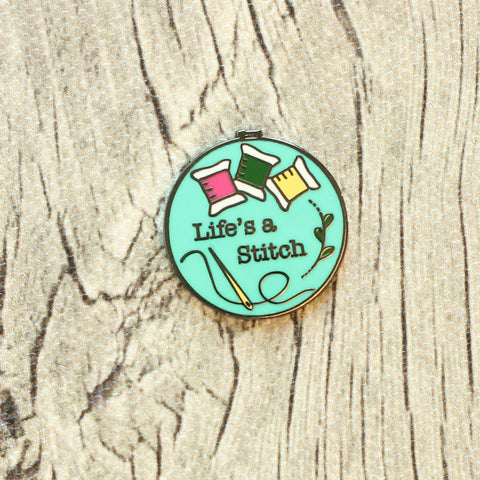 Life's a stitch Magnetic Needle Minder | Sarcastic Cross Stitch or Embroidery Hoop Hard Enamel Needleminder | Teal w/ Bobbins Needle Holder