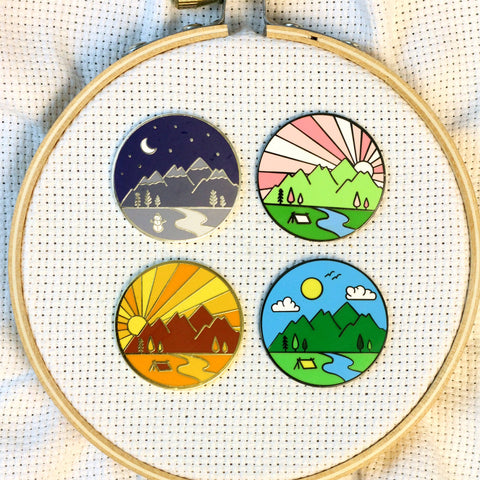 Four Seasons Magnetic Enamel Needle Minder (Set of 4)  Fall, Spring, Summer, Winter | Outdoor Mountains Travel Sunrise Sunset Needleminder