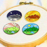 Four Seasons Magnetic Enamel Needle Minder (Set of 4)  Fall, Spring, Summer, Winter | Outdoor Mountains Travel Sunrise Sunset Needleminder