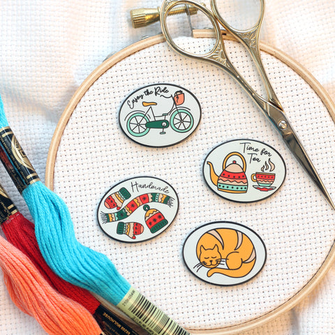 Handmade Hygge Magnetic Enamel Needle Minder-Set of 4: Tea Cat Mittens Scarf Bicycle | Knit Crochet Enjoy the Ride Time for Tea Needleminder