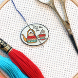 Handmade Hygge Magnetic Enamel Needle Minder-Set of 4: Tea Cat Mittens Scarf Bicycle | Knit Crochet Enjoy the Ride Time for Tea Needleminder