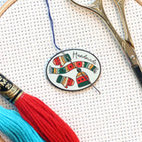 Handmade Hygge Magnetic Enamel Needle Minder-Set of 4: Tea Cat Mittens Scarf Bicycle | Knit Crochet Enjoy the Ride Time for Tea Needleminder