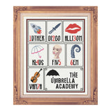 Umbrella Academy Member Cross Stitch Sampler:  Luther, Diego, Allison, Klaus, Five (Delores), Ben & Vanya