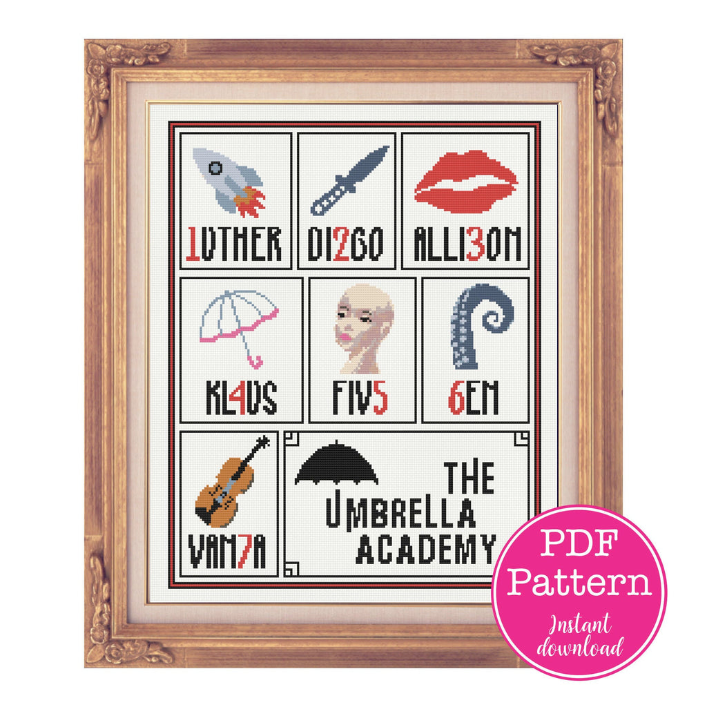 Umbrella Academy Member Cross Stitch Sampler:  Luther, Diego, Allison, Klaus, Five (Delores), Ben & Vanya