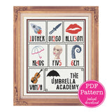 Umbrella Academy Member Cross Stitch Sampler:  Luther, Diego, Allison, Klaus, Five (Delores), Ben & Vanya