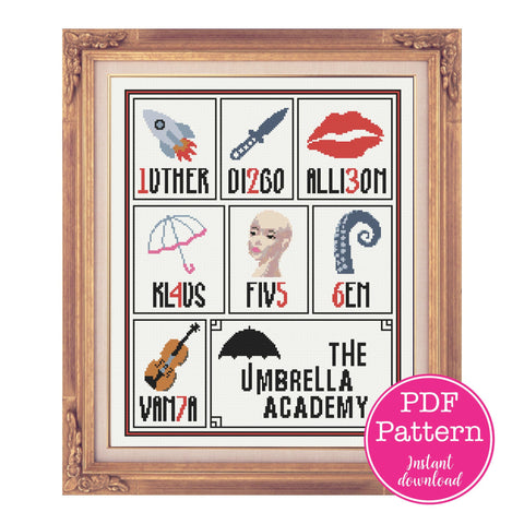 Umbrella Academy Member Cross Stitch Sampler:  Luther, Diego, Allison, Klaus, Five (Delores), Ben & Vanya