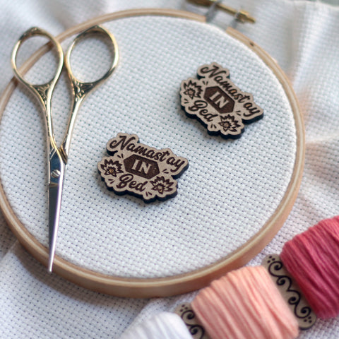 Namaste In Bed Engraved Wooden Needle Minders