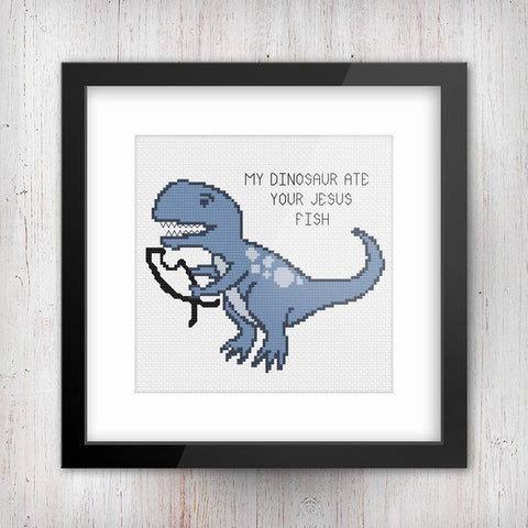 My Dinosaur Ate Your Jesus Fish Sarcastic Pro-Science Cross Stitch