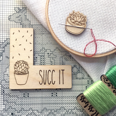 Pattern Marker & Needle Minder Bundle: "Succ It" Succulent Cactus Magnetic Engraved Wooden Cross Stitch Place Keeper