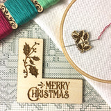 Pattern Marker & Needle Minder Bundle: "Merry Christmas" Holly Holidays Magnetic Engraved Wooden Cross Stitch Place Keeper
