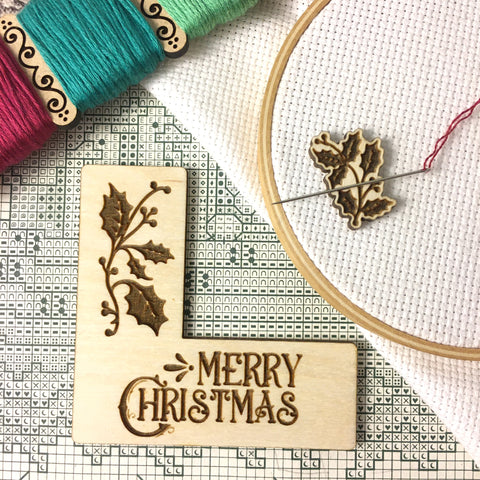 Pattern Marker & Needle Minder Bundle: "Merry Christmas" Holly Holidays Magnetic Engraved Wooden Cross Stitch Place Keeper