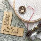 Pattern Marker + Needle Minder Bundle: "Coffee & Cross Stitch" Magnetic Engraved Wooden Place Keeper