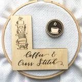 Pattern Marker + Needle Minder Bundle: "Coffee & Cross Stitch" Magnetic Engraved Wooden Place Keeper