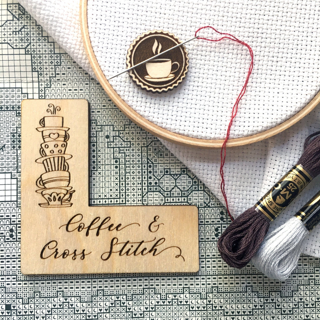 Pattern Marker + Needle Minder Bundle: "Coffee & Cross Stitch" Magnetic Engraved Wooden Place Keeper