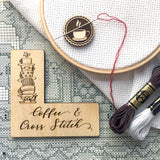 Pattern Marker + Needle Minder Bundle: "Coffee & Cross Stitch" Magnetic Engraved Wooden Place Keeper
