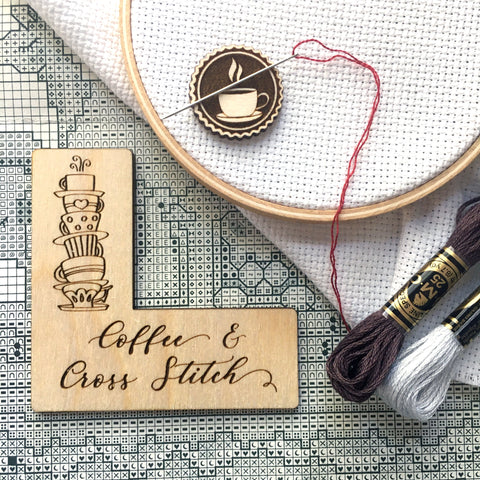 Pattern Marker + Needle Minder Bundle: "Coffee & Cross Stitch" Magnetic Engraved Wooden Place Keeper
