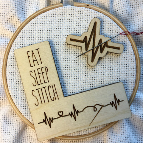 Pattern Marker & Needle Minder Bundle: "Eat Sleep Stitch" EKG Magnetic Engraved Wooden Cross Stitch Place Keeper
