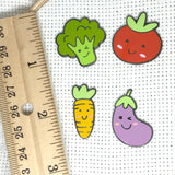 Happy Veggies Magnetic Enamel Needle Minders:  Cute Broccoli, Carrot, Eggplant, Tomato Needleminders