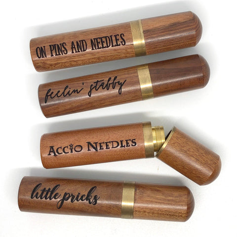 Little Pricks Engraved Needle Case: Snarky Embroidery Cross Stitch Quilting Custom Solid Wood Brass Screw Top Needle Storage Tube Container