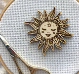 Ornate Smiling Sun & Moon Needle Minders (Set of 2) Engraved Wooden Needleminders Hand Drawn