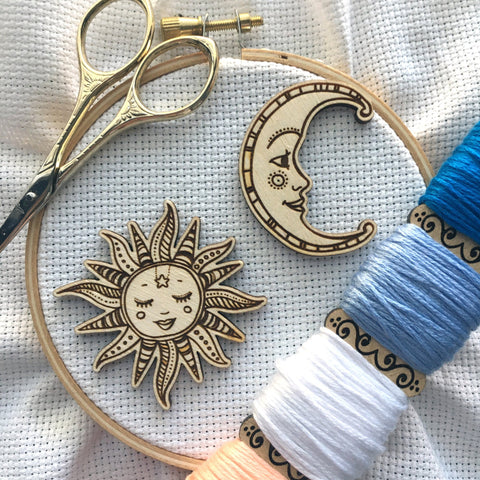 Ornate Smiling Sun & Moon Needle Minders (Set of 2) Engraved Wooden Needleminders Hand Drawn