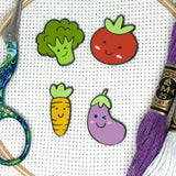 Happy Veggies Magnetic Enamel Needle Minders:  Cute Broccoli, Carrot, Eggplant, Tomato Needleminders