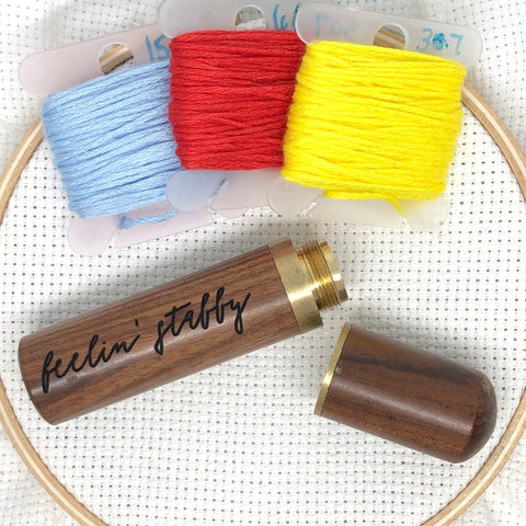 Feeling Stabby Engraved Needle Case: Snarky Embroidery Cross Stitch Quilting Custom Solid Wood Brass Screw Top Needle Storage Tube Container