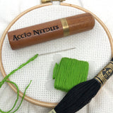 Accio Needles Engraved Needle Case: Snarky Embroidery Cross Stitch Quilting Custom Solid Wood Brass Screw Top Needle Storage Tube Container