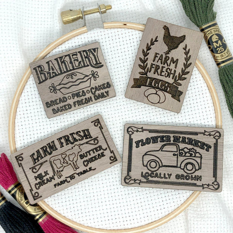 Vintage Farmhouse Inspired Needle Minders (Farm Fresh Eggs, Bakery, Flower Market Truck, Milk & Cream Cow)  Engraved Wooden Needleminders