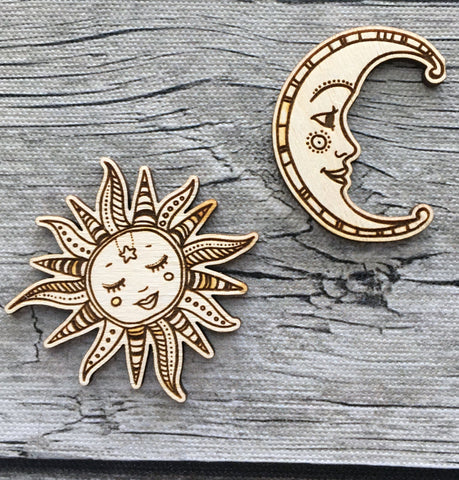 Ornate Smiling Sun & Moon Needle Minders (Set of 2) Engraved Wooden Needleminders Hand Drawn