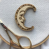 Ornate Smiling Sun & Moon Needle Minders (Set of 2) Engraved Wooden Needleminders Hand Drawn
